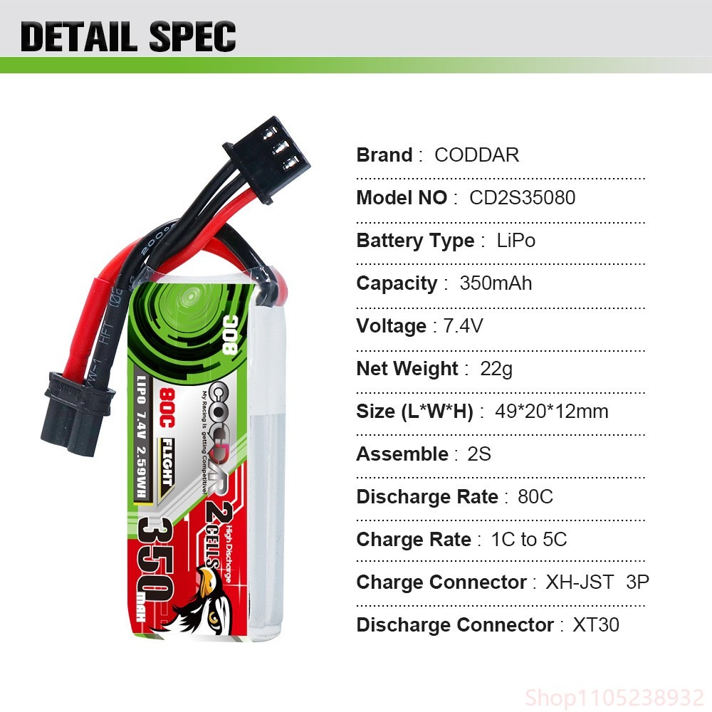 FPV Drone Battery 350mAh 2S 7. - đánh giá và giá Drone Battery Lipo
